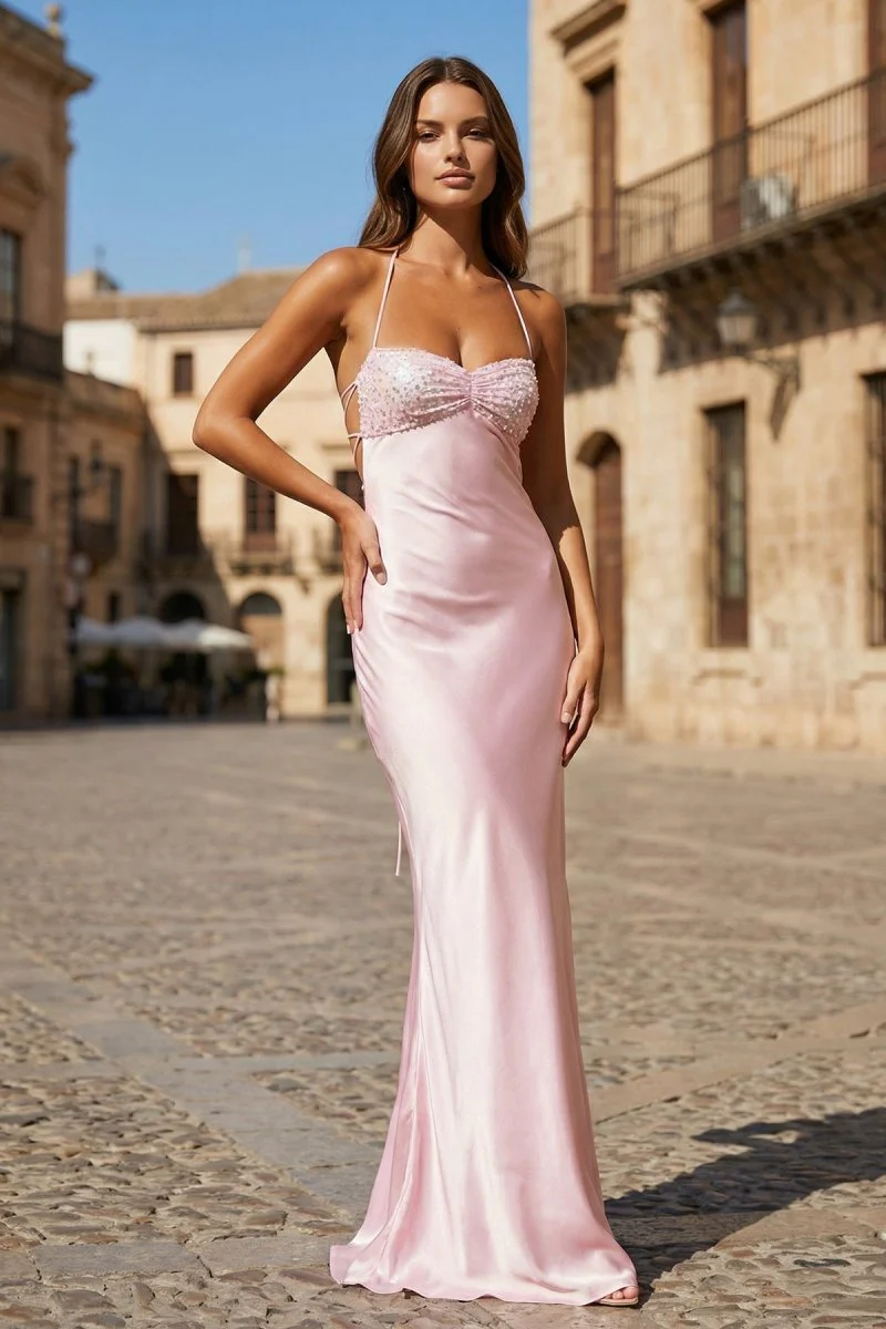 Pink - Halter Sheath Satin Long Prom Dresses With Sequins