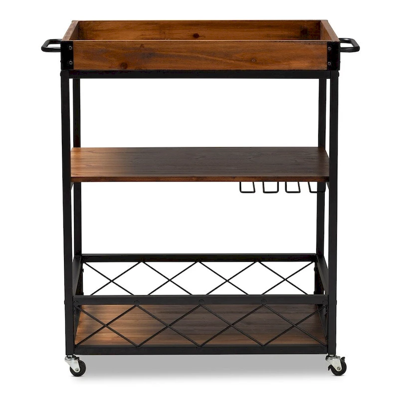 Industrial Oak Brown Bar Cart with Stemware Rack