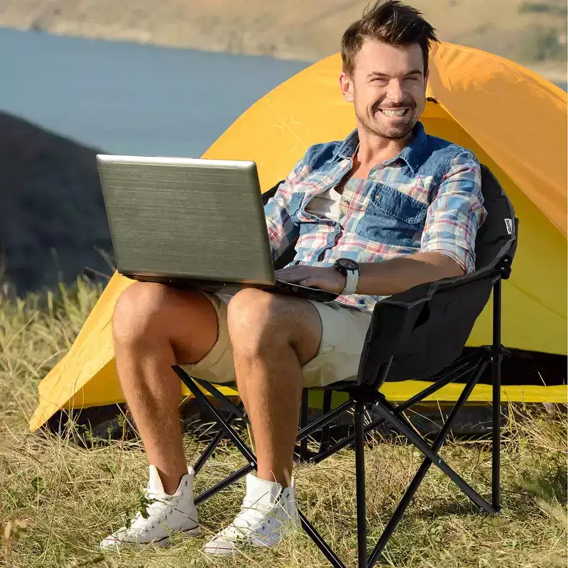 Costway Folding Camping Moon Padded Chair with Carry Bag Cup Holder Portable Navy\ Brown\Grey