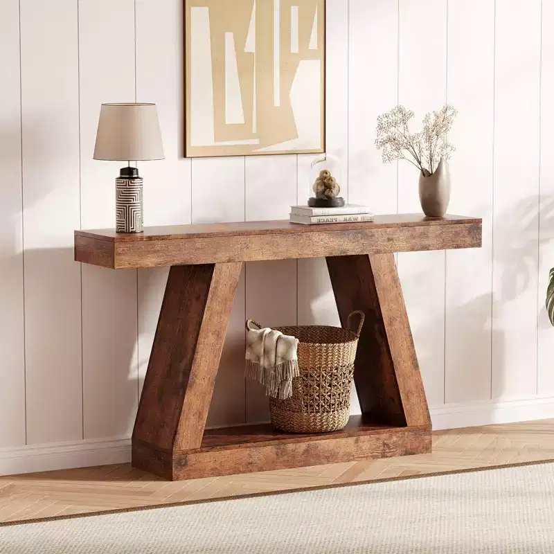 Farmhouse Console Table, 2-Tier Sofa Table with Open Storage Shelves 55 Inch Industrial Wooden Entryway Table for Hallway, Porch