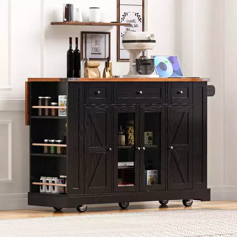 53 inch Black Farmhouse Kitchen Island Rolling Kitchen Cart on Wheels with Drop Leaf for Kitchen Dining Room