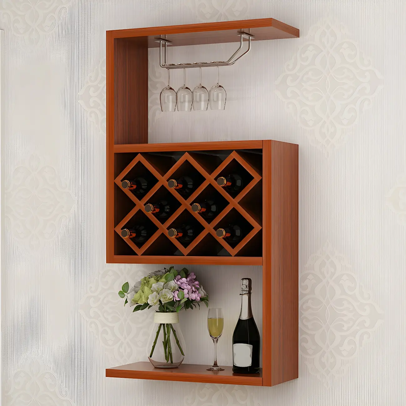 Rubberwood Floating Mount Wine Rack with Stackable Design