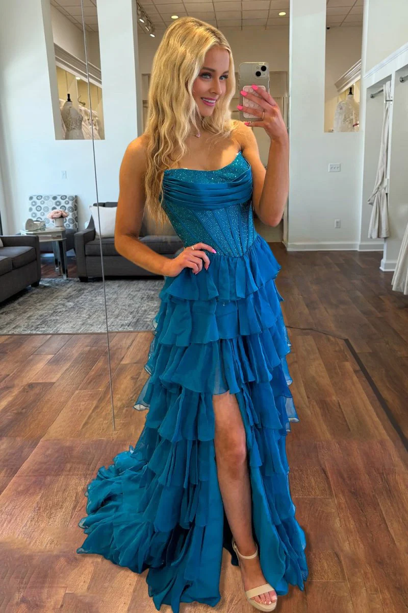 Peacock - A Line Strapless Chiffon Beaded Corset Long Prom Dress With Slit