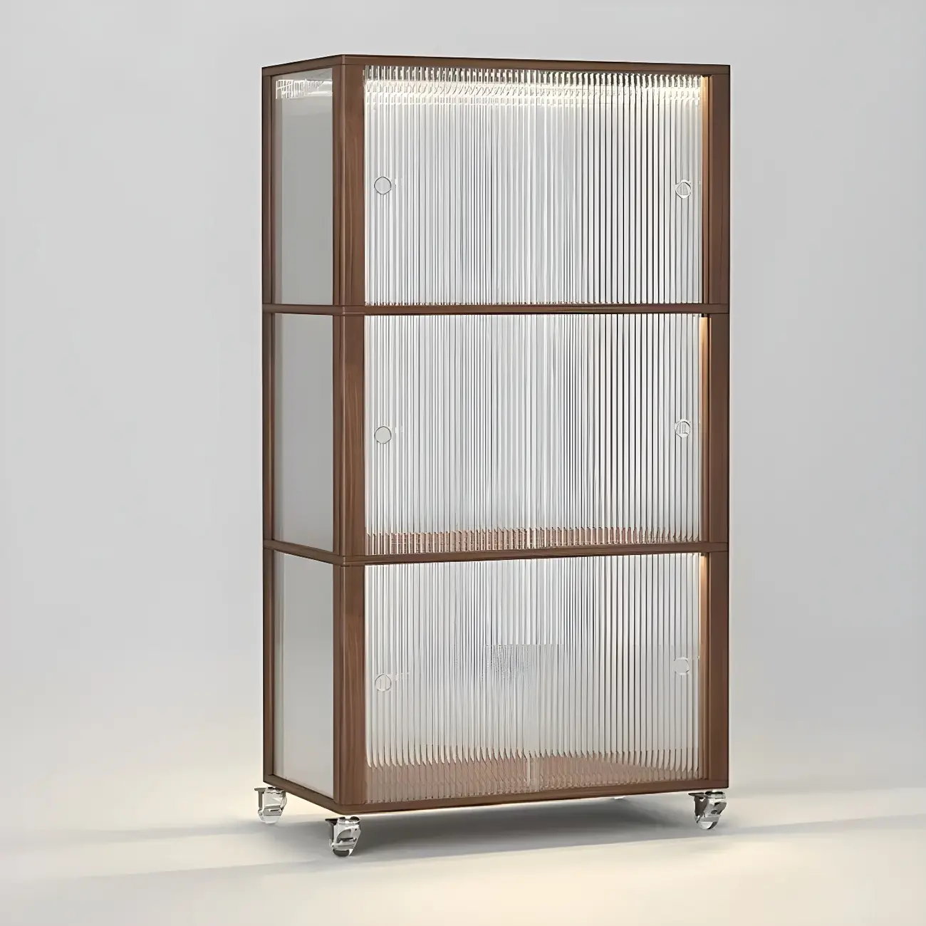 Modern Sliding Doors Pine Wood Curio Cabinet with Wheels