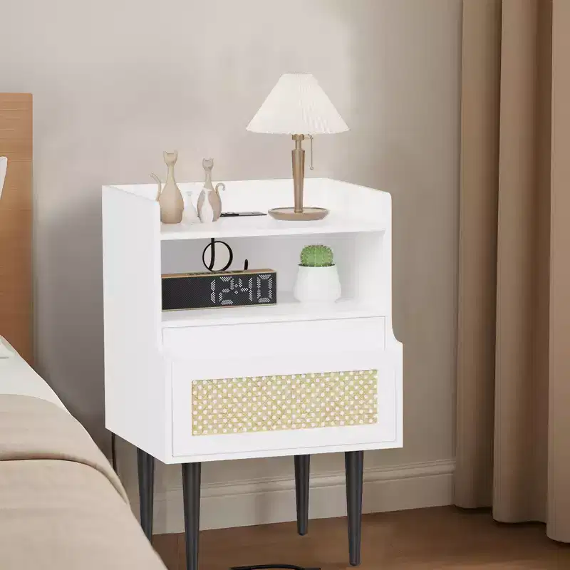 Rattan Nightstand Set of 2, White Bedside Table, Farmhouse End Table with Drawer and Open Storage Shelf, Modern Side Table for Bedroom, Living Room