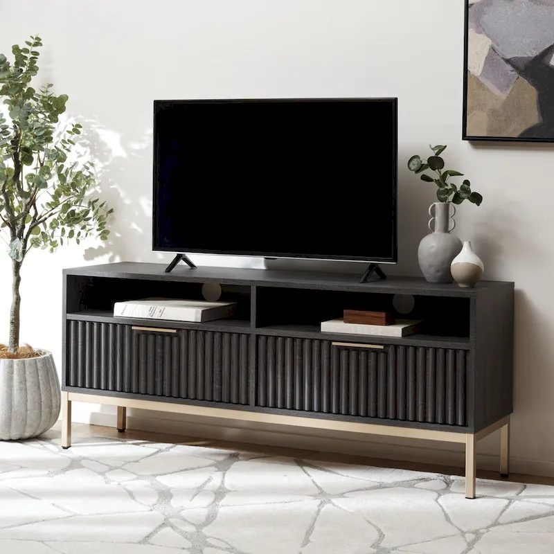 SAFAVIEH Alyse 2-Drawer 2-Shelf Entertainment Media Stand (Fits Up To 65  Flatscreen TV) - 60.4 In. x 15.6 In. x 24.8 In.