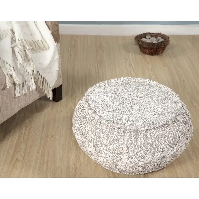 Grey Cable Knit Pouf Ottoman, Medium, 1-Person