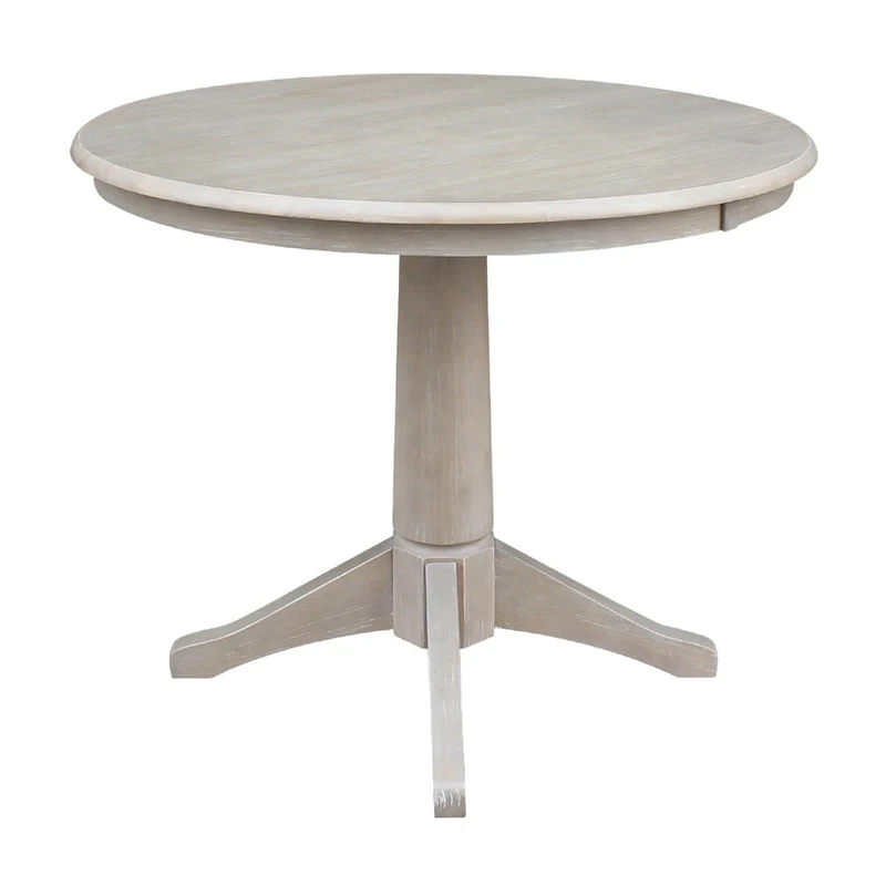 Round Top 36 x 36 Solid Wood Pedestal Table in Washed Gray Taupe