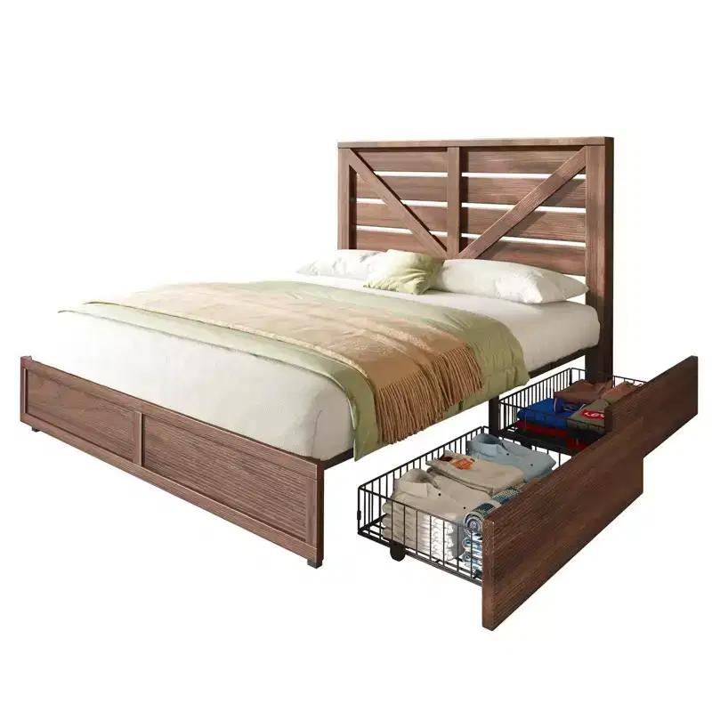AMERLIFE Farmhouse Bed Frame with 4 Drawers and Headboard