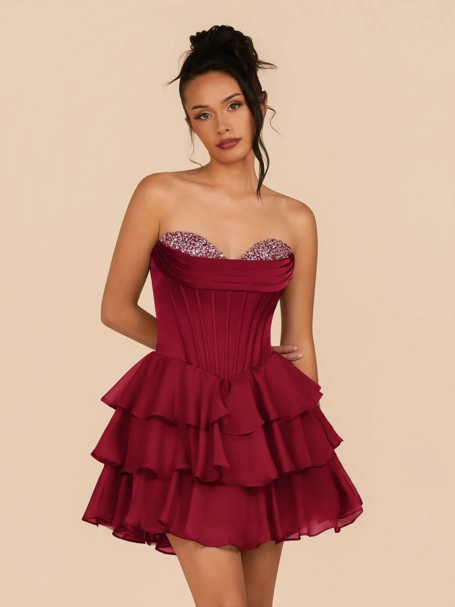 Burgundy – Strapless A-Line Homecoming Dress with Ruffles and Beading