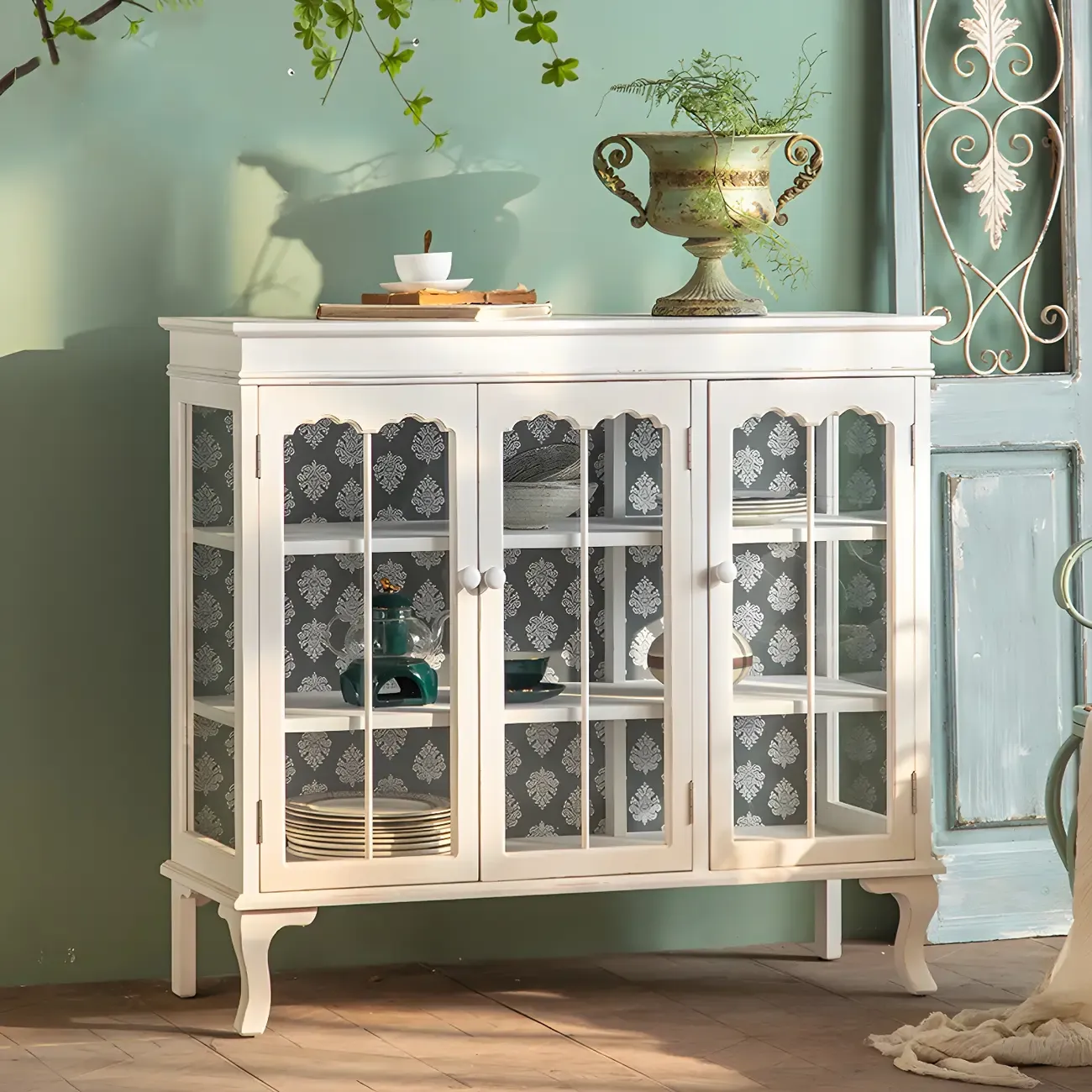 Vintage White Wood China Cabinet with Glass Doors