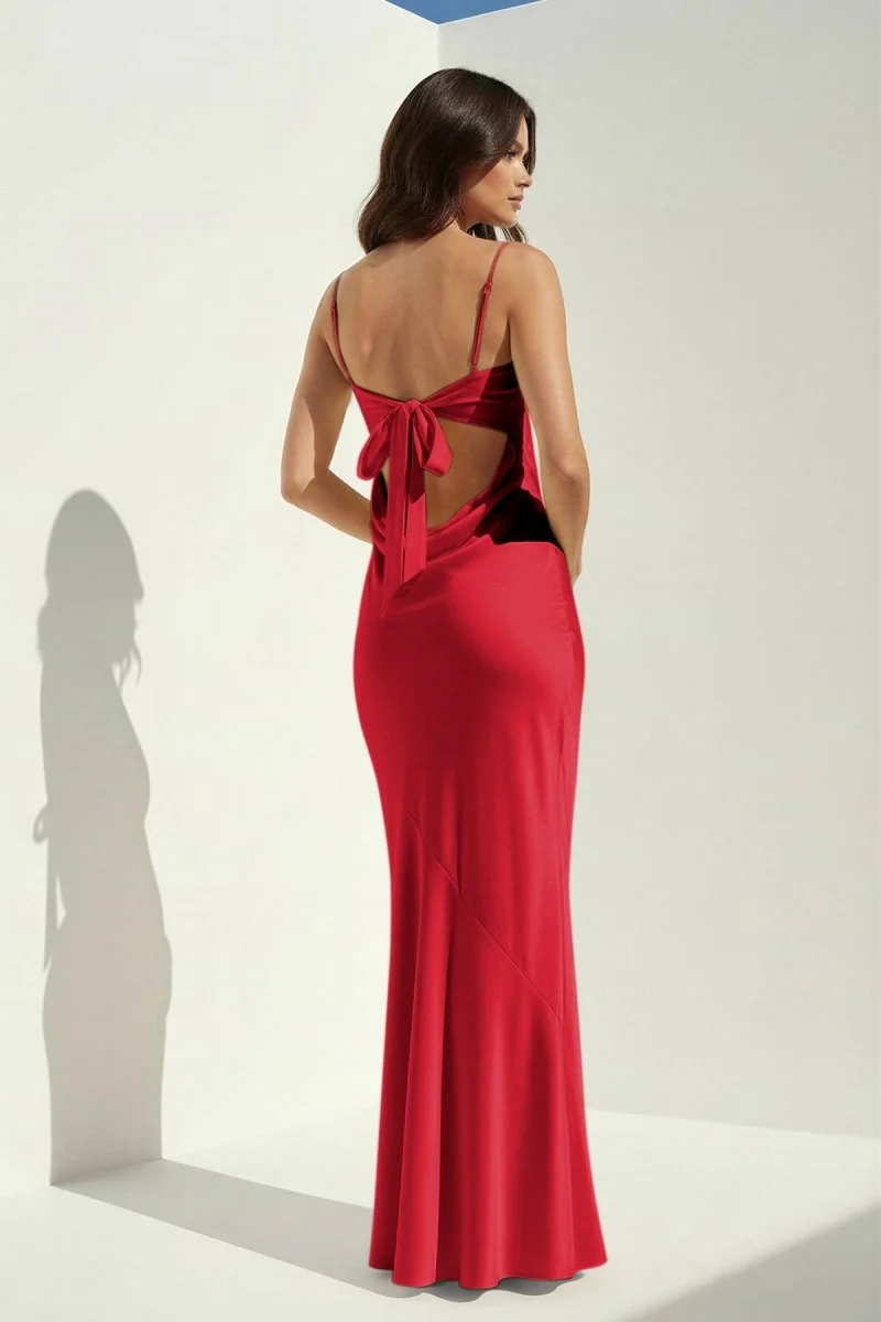 Yellow Spaghetti Straps Sheath Satin Open Back Long Prom Dresses