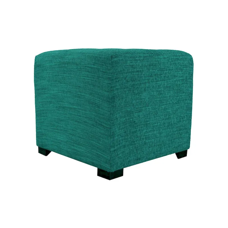 Square Button-Tufted Cotton Ottoman – Espresso / Grey / Aqua, Wood Legs, Single