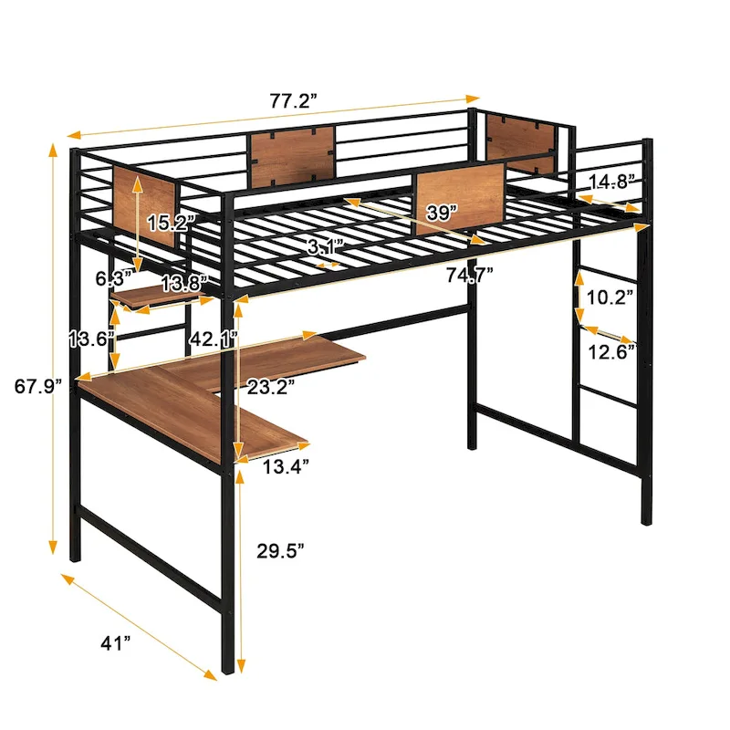 White / Black Twin Metal Loft Bed with Desk & Shelf, for 1
