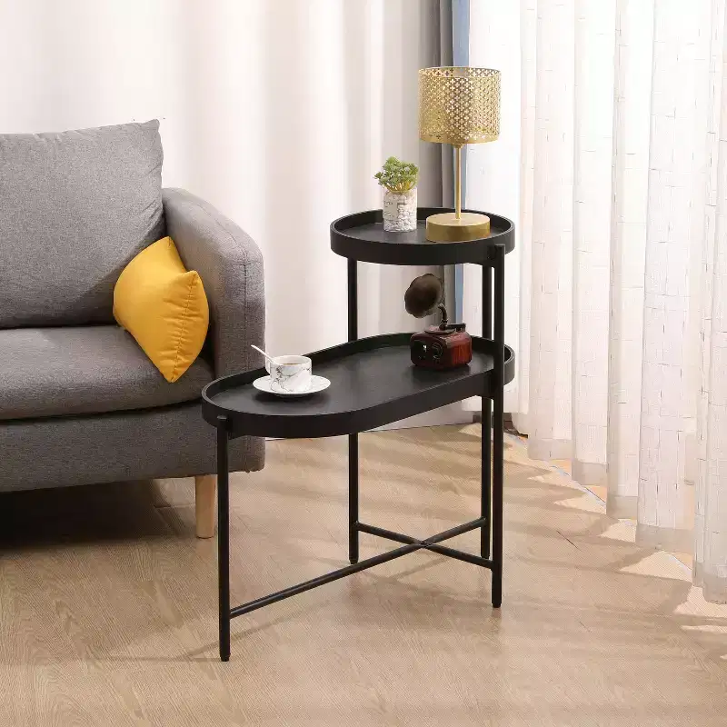 MAYEERTY 2 Tier Black Storage Side Table Metal Frame and Wooden Top for Living Room
