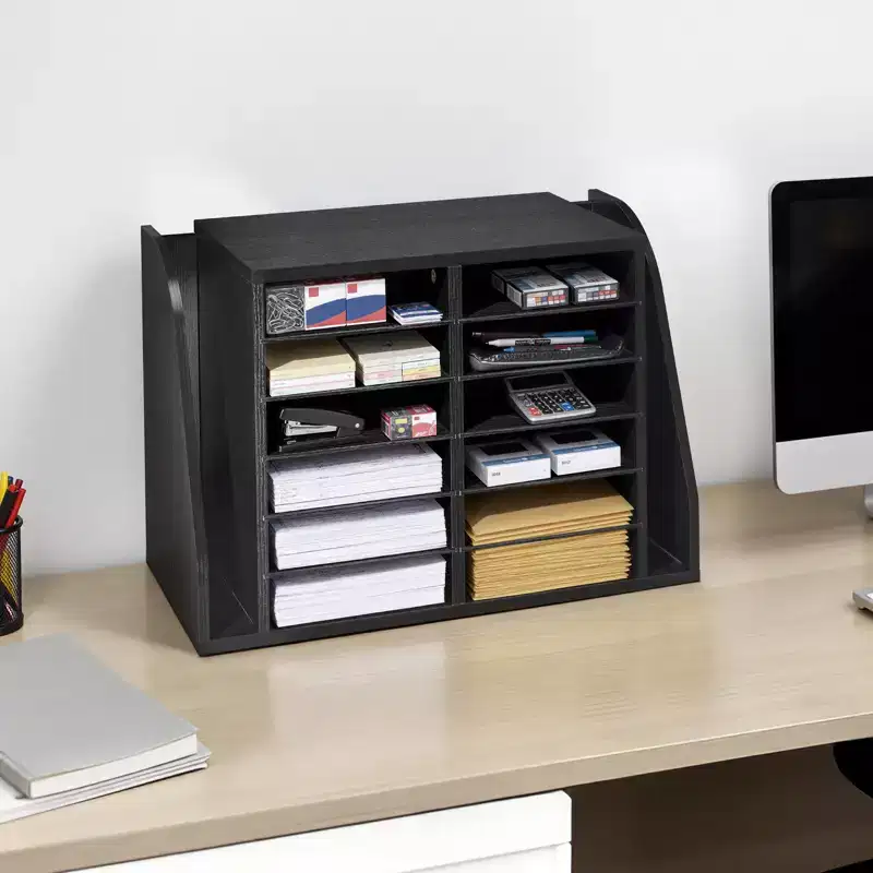 VEVOR Literature Organizer, 12 Compartments Office Mailbox with Side Vertical Storage, Wooden Mailbox Sorter Made of Particle Board, Black