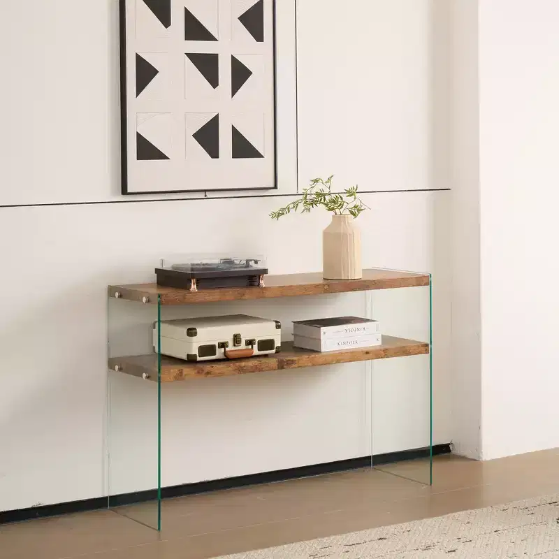 GDFStudio Gibson Modern Wood and Tempered Glass Console Table with Open Shelf