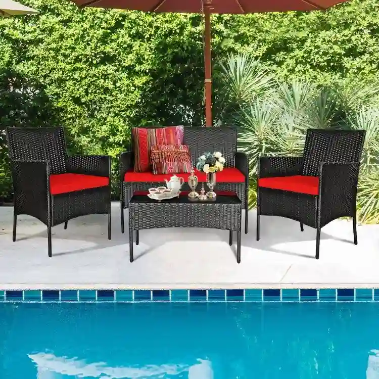 4 Pieces Patio Rattan Cushioned Sofa Set with Tempered Glass Coffee Table - 24 x 23.5 x 33 (L x W x H)