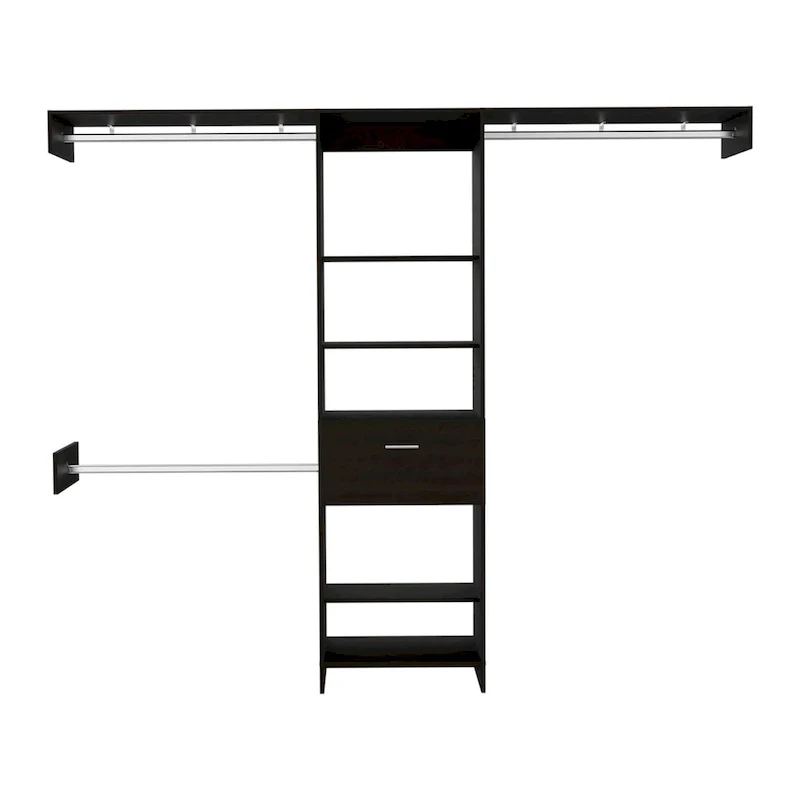 Cross Closet System with Drawer, 3 Metal Rods, and 5 Open Shelves