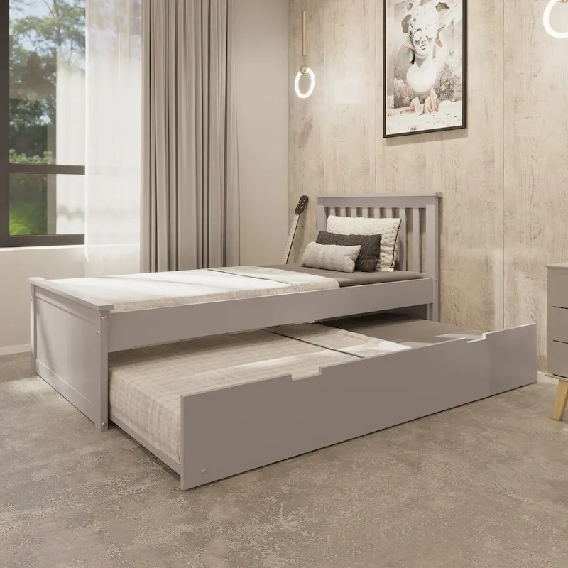 Grey Solid Wood Twin Bed with Pull-Out Trundle, Sleeps 2