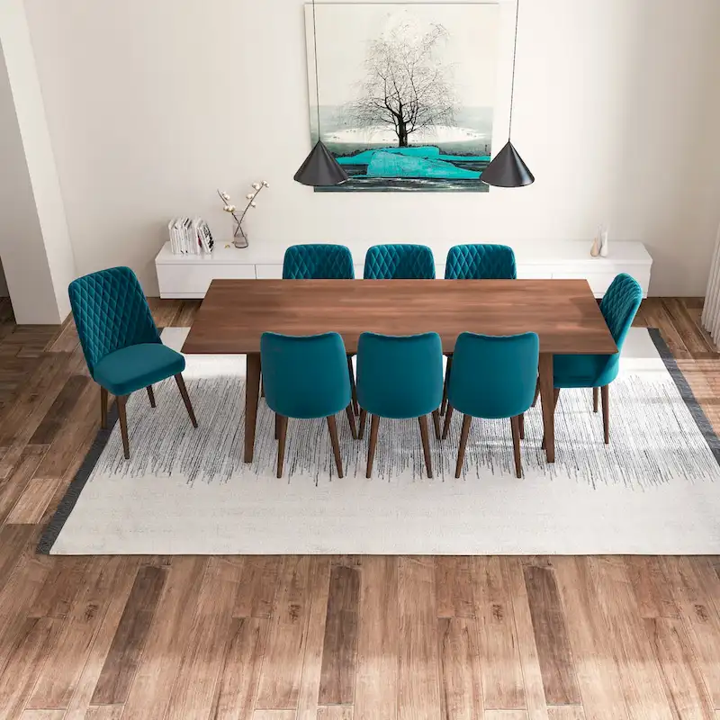Addison 9-Piece Mid-Century Rectangular Dining Set w/ 8 Velvet Dining Chairs in Turquoise