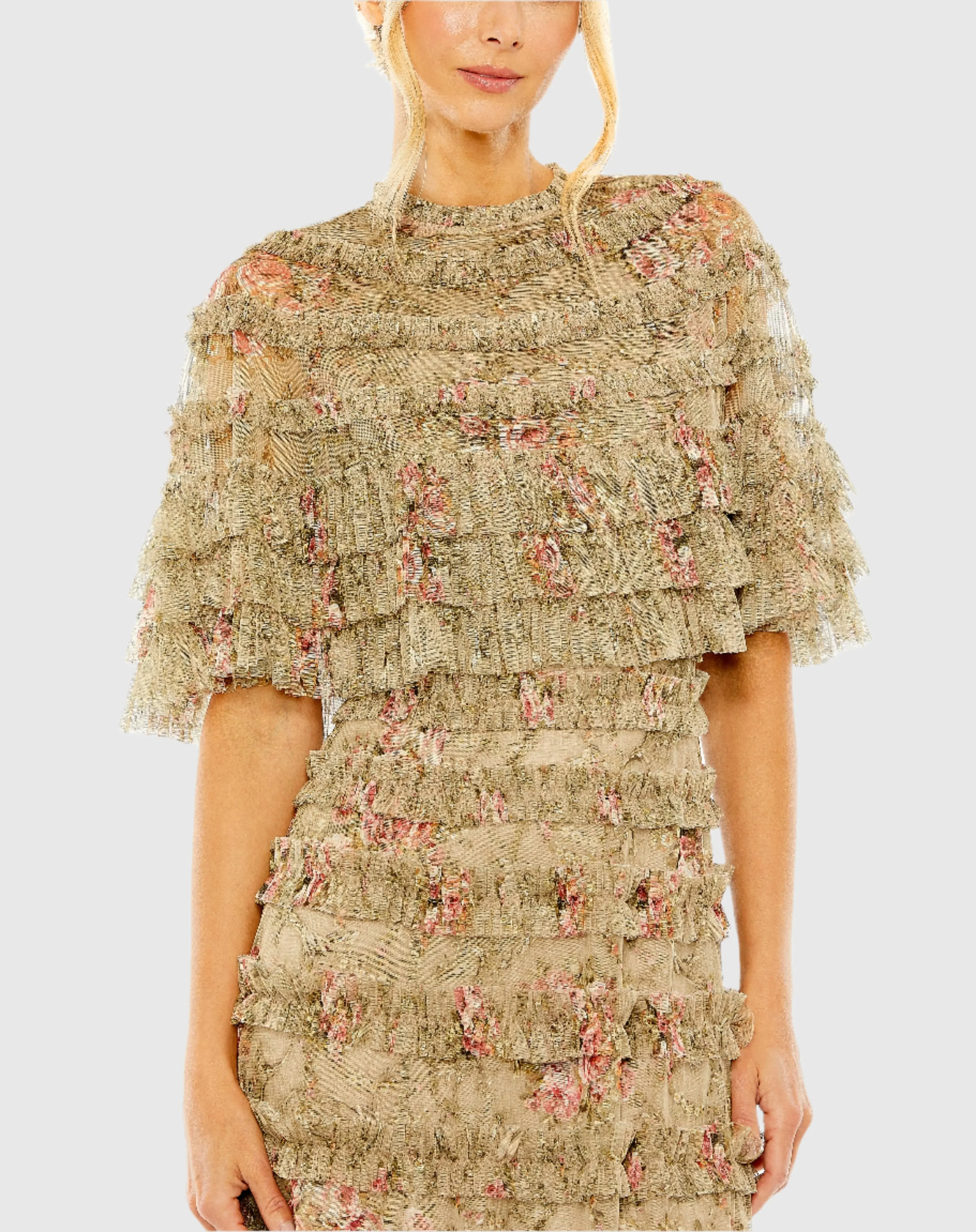 Green Floral Ruffle Midi Dress With Shawl