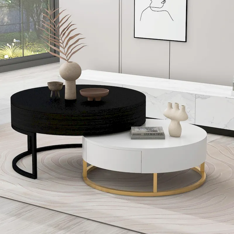 Modern Round Lift-top Nesting Coffee Tables with 2 Drawers