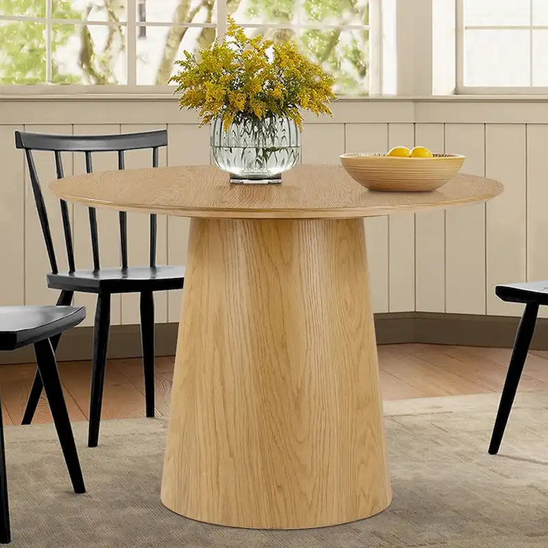 Round Pedestal Dining Table - Black/Natural, White Oak Veneer, Seats 4
