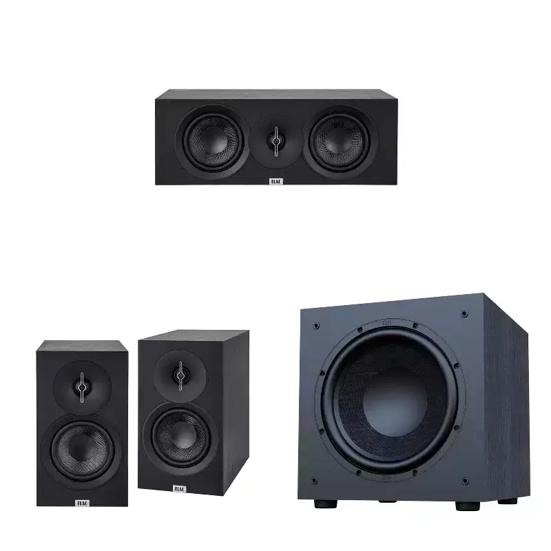 Elac Debut 3.0 Bookshelf Package Black With Debut 12 Inch Subwoofer And Debut Center Channel