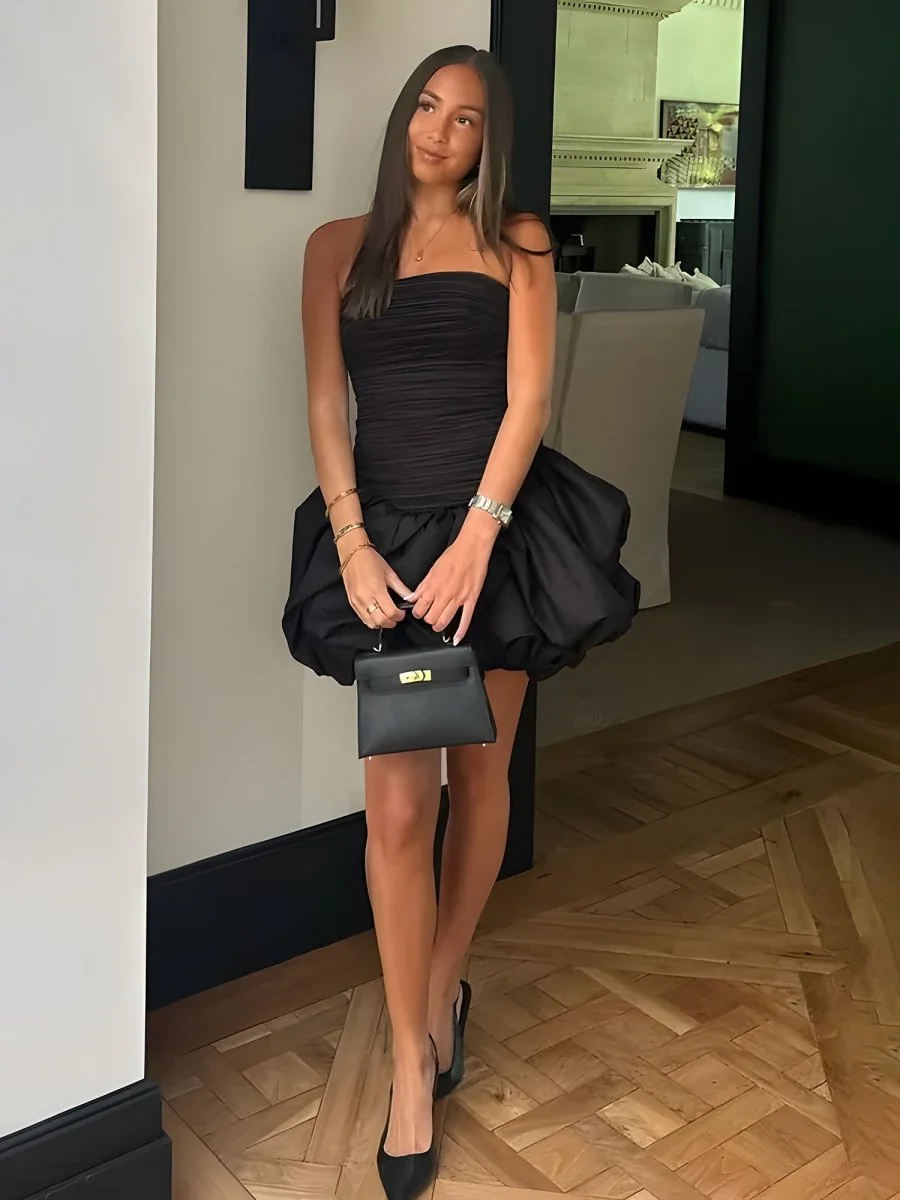 Black - Sheath Strapless Satin Ruched Homecoming Dresses