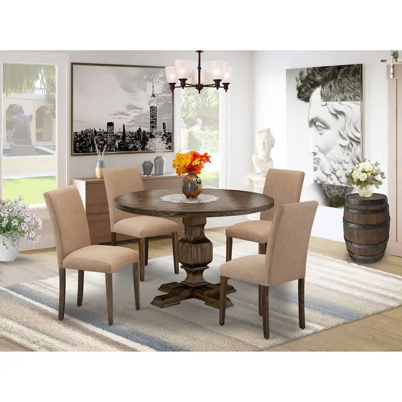 East West Furniture Round Kitchen Table with Light Sable Parsons Chairs, Distressed Jacobean