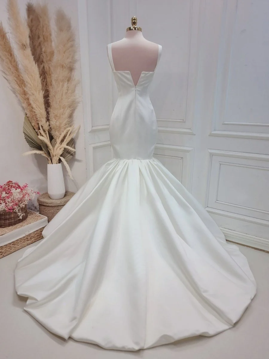 Mermaid Simple Satin White Wedding Dress Sweep Train Bridal Gown