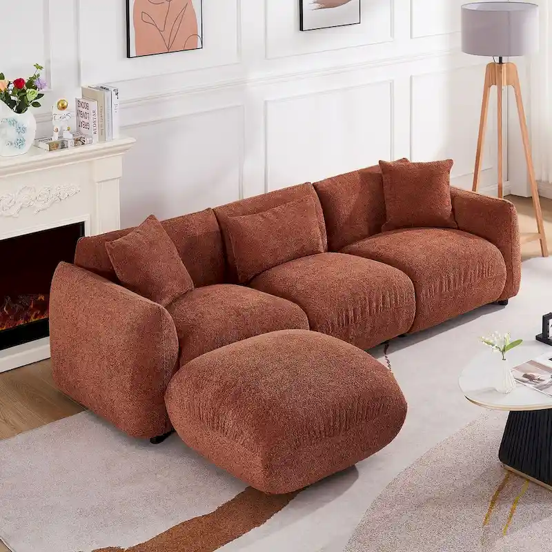 Upholstered Comfortable Soft Lamb Down White Sectional Sofa Couch with Ottoman