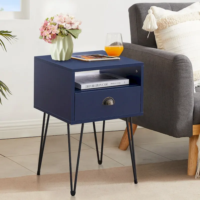 Modern Mid Century 1-Drawer Hairpin Nightstands, Brown/Blue/Black/Yellow, Four Options