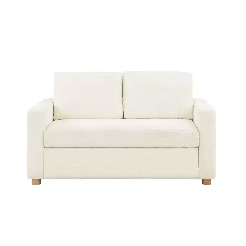 Serta Aurora Convertible Sofa Ivory Boucle: Lounger & Full Bed, Pocket Coils, Rubberwood Legs