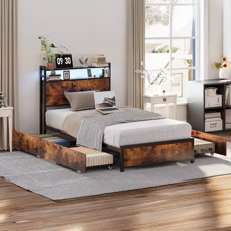 VINGLI Bed Frame with 4 Storage Drawers/Headboard, Metal Platform with Charging Station and LED, No Box Spring Needed, Easy Assembly, Vintage Brown