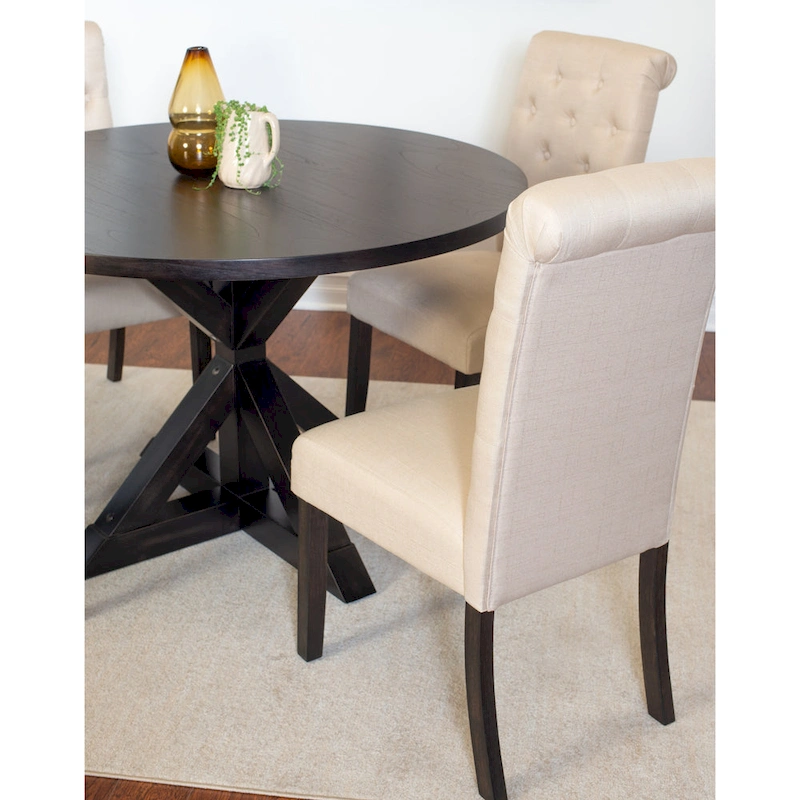 5 Piece Round Dining Table Set, Dining Room Furniture Set with Cross-Buck Dining Table and 4 Upholstered Chairs