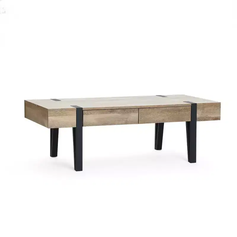 LuxenHome 47 Coffee Table with 2 Drawers Black Metal Legs Farmhouse Oak Finish Wood Center Table