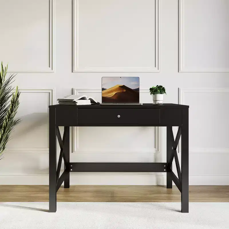 Writing Desk - Modern Desk with X-Pattern Legs and Drawer Storage - For Home Office, Bedroom, Computer, or Craft Table by Lavish Home (Black)