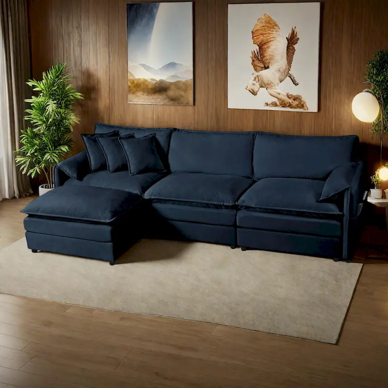 109.45 Chenille Upholstered L-Shaped Modular Sectional Sofa with Double-Layer Cushions, DIY Combination