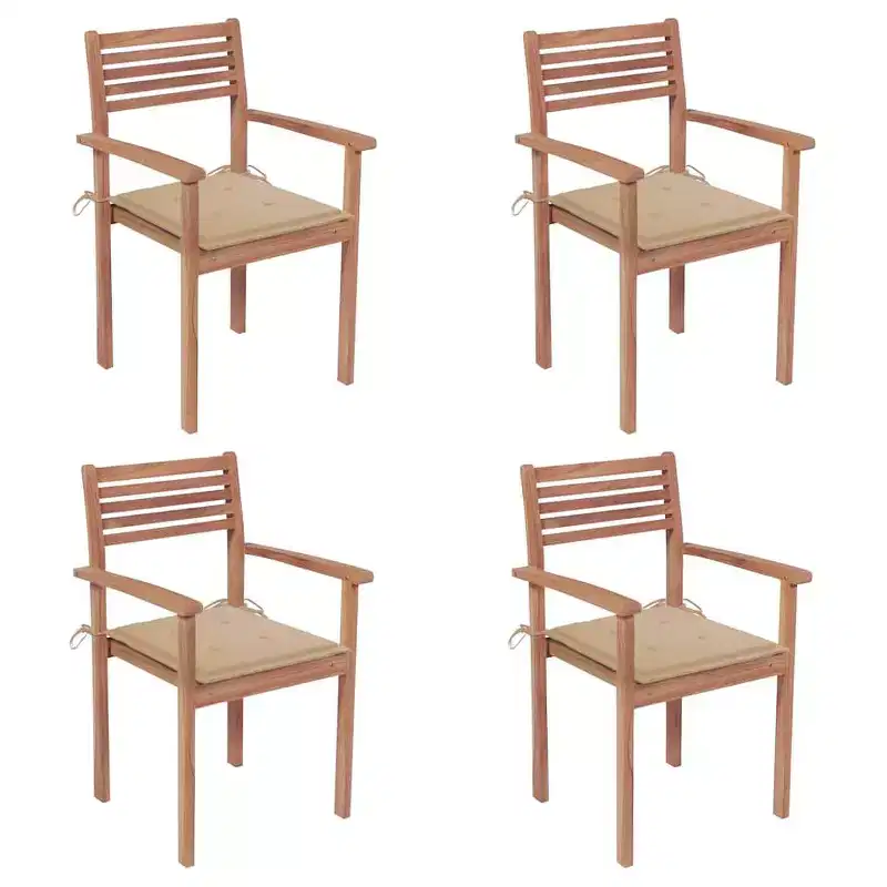 vidaXL Teak Wood Patio Chairs - Set of 4, Stackable Outdoor Furniture with Beige Cushions, Timeless Design, Suitable for Home, Office, Bar and Cafe