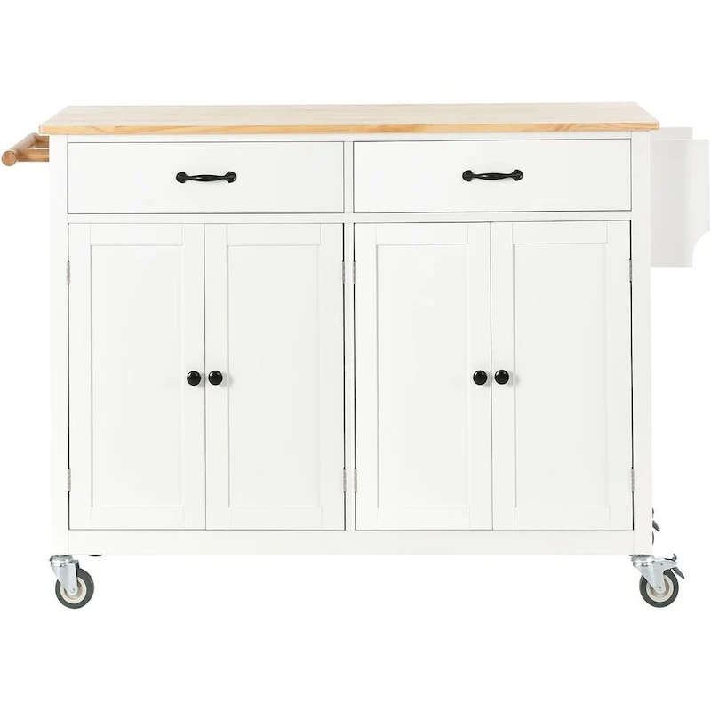 Kitchen Island Cart with Solid Wood Top, Locking Wheels, Spice & Towel Rack
