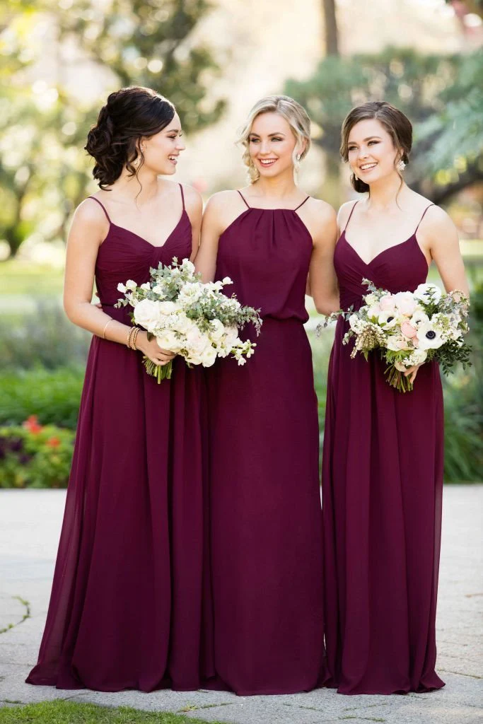 Mix A Line Chiffon Sleeveless Burgundy Straps Long Bridesmaid Dresses