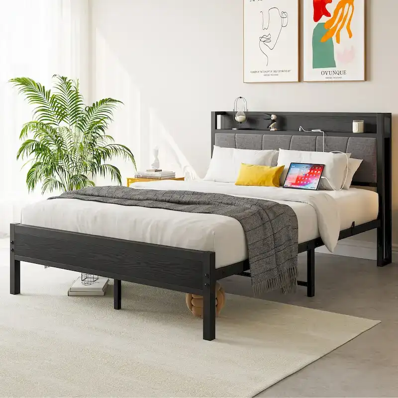 Black Full Size Platform Bed Frame with Gray Upholstered Storage Headboard & Charging Station, 2-Person