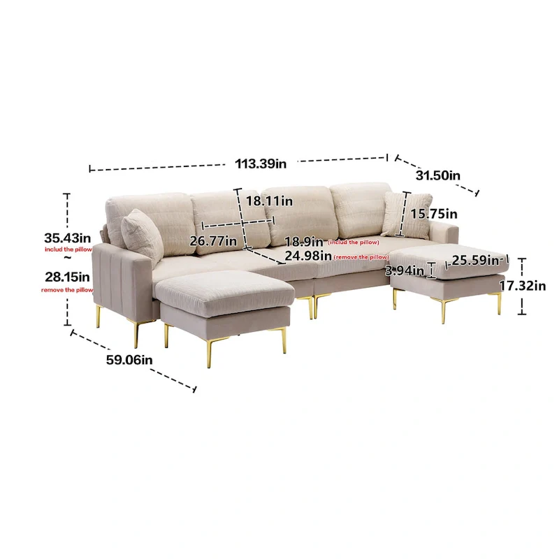 Velvet U-shaped modular detachable sectional sofa