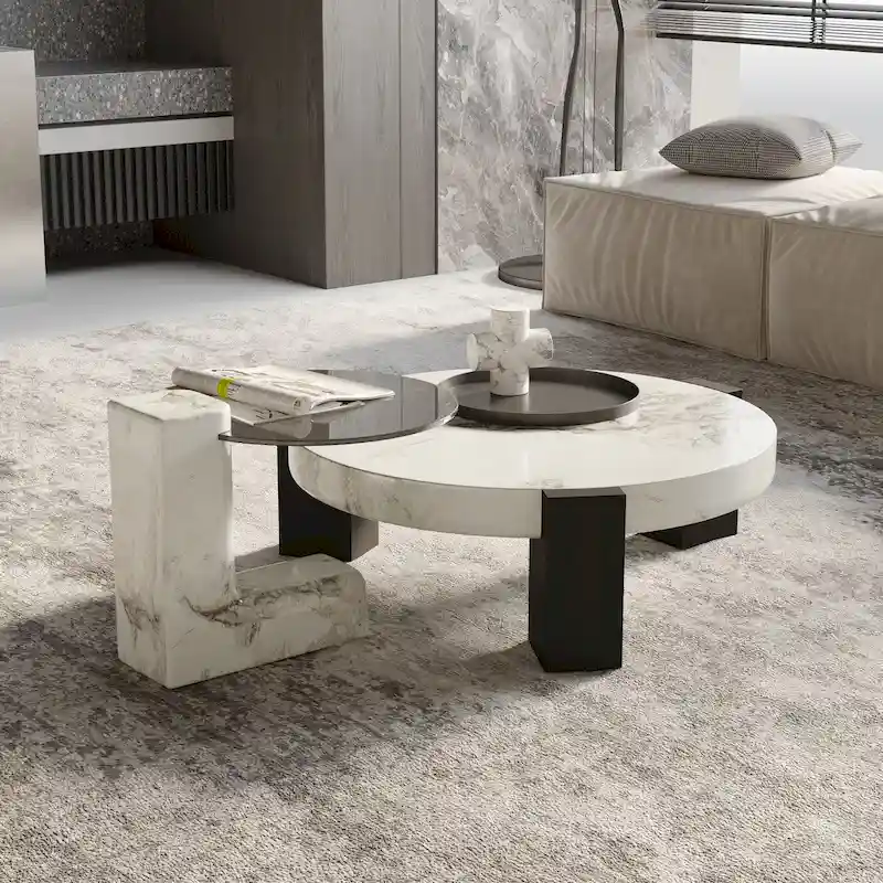 White & Black Round Nesting Coffee Table with Glass Top, Set of 2