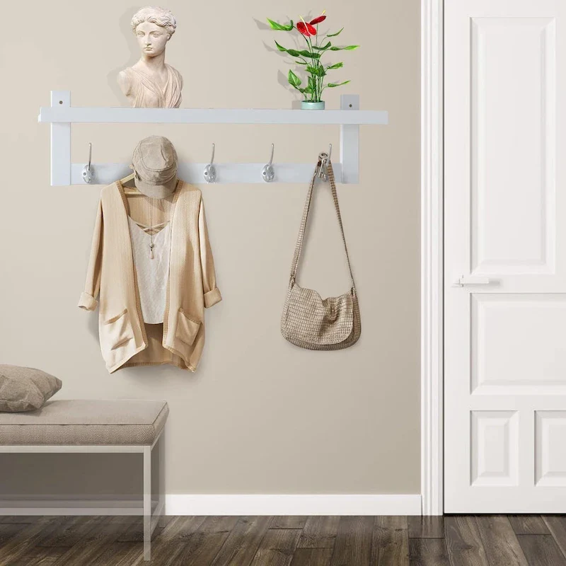 Coat Hooks with Shelf Wall-Mounted, Bamboo Hanging Shelf with 5 Double Metal Hooks