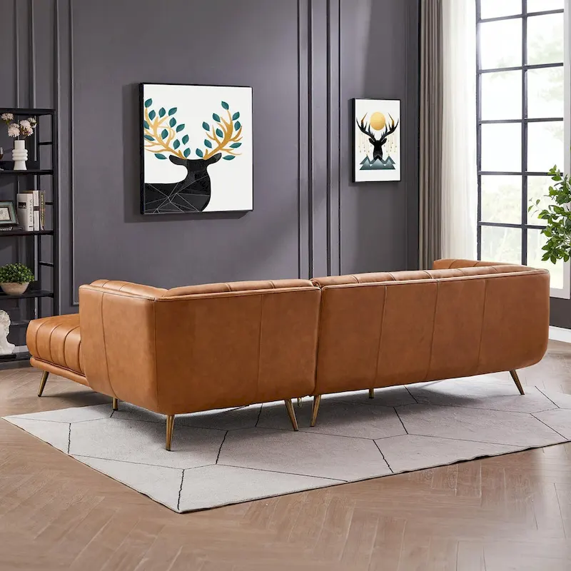 Luxury Modern Chesterfield Genuine Leather Sectional Couch in Cognac Tan