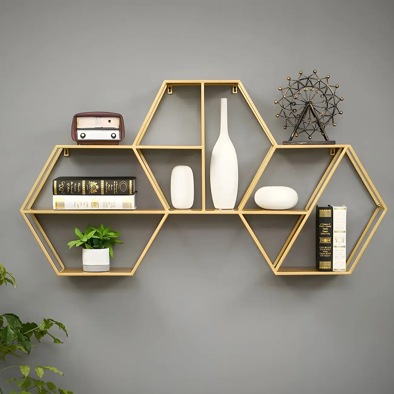 Modern Metal Wall-Mounted Hexagon Bookcase for Home