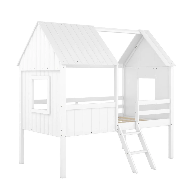 Low Loft Wood House Bed with 2 Side Windows